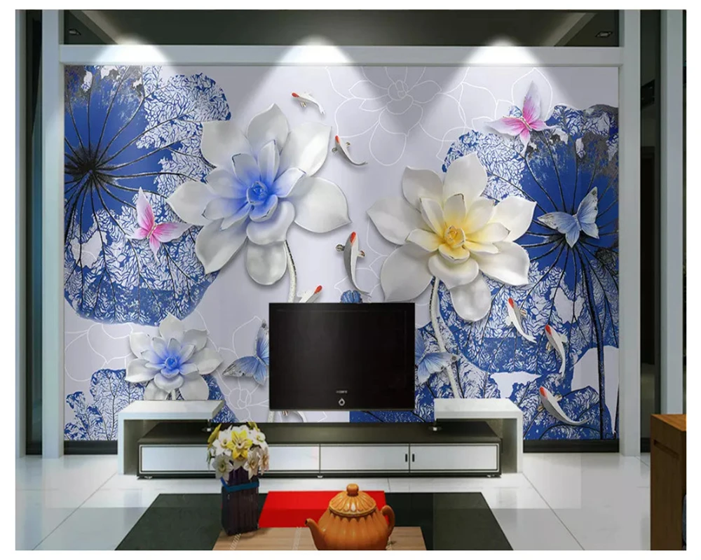 beibehang 3D Šiuolaikinių namų puošybai 3d tapetai mados naujų Kinų stiliaus aukšto lygio lotus devynios žuvų fone de papel parede Nuotrauka 5