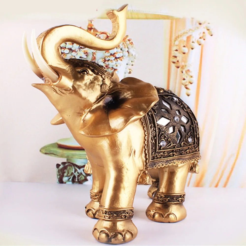 Golden Elephant Statula Naujas Feng Shui Dervos Pasisekė Turto Amatų Gyvūnų Elephant Trunk Skulptūra Papuošalai Nuotrauka 4