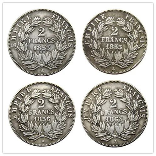 Prancūzija rinkinys(1853-1863A) 4pcs 2 Frankų Napoleonas III Sidabro Padengtą Kopijuoti Monetas Nuotrauka 0