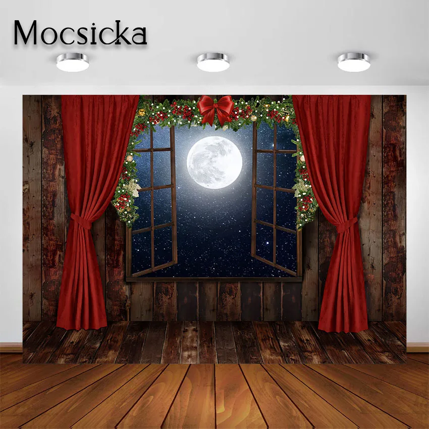 Mocsicka Retro Rudos spalvos Langas, Medinės Sienos Kalėdų Backdrops Fotografijos Žvaigždėtas Dangus Naktį Kalėdų Portretas Fone Nuotrauka 0