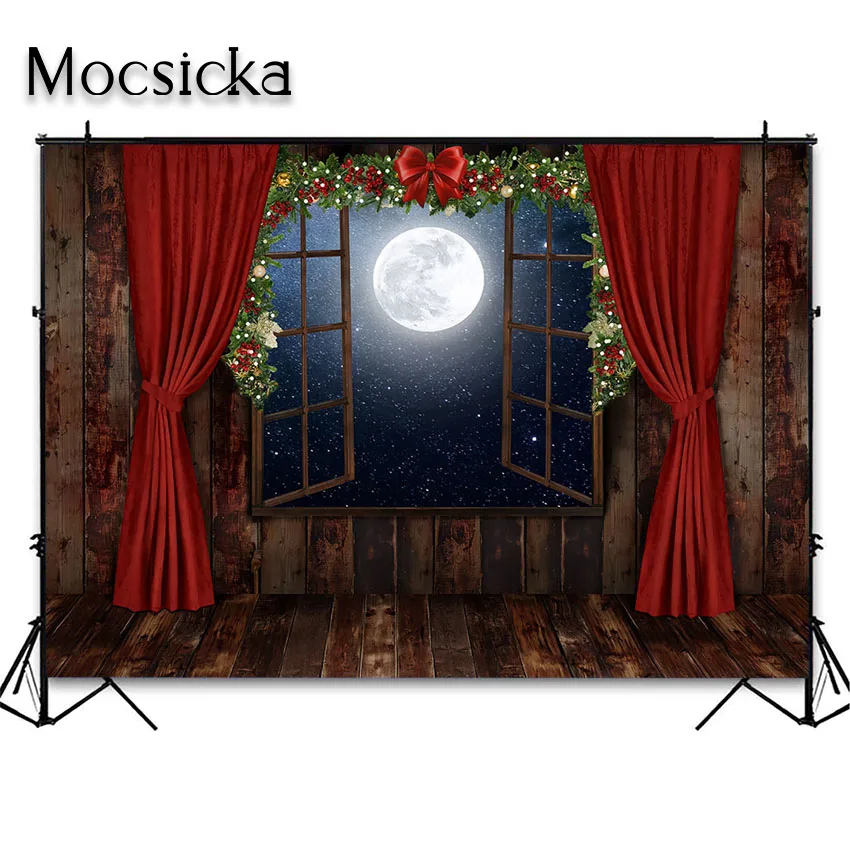 Mocsicka Retro Rudos spalvos Langas, Medinės Sienos Kalėdų Backdrops Fotografijos Žvaigždėtas Dangus Naktį Kalėdų Portretas Fone Nuotrauka 1