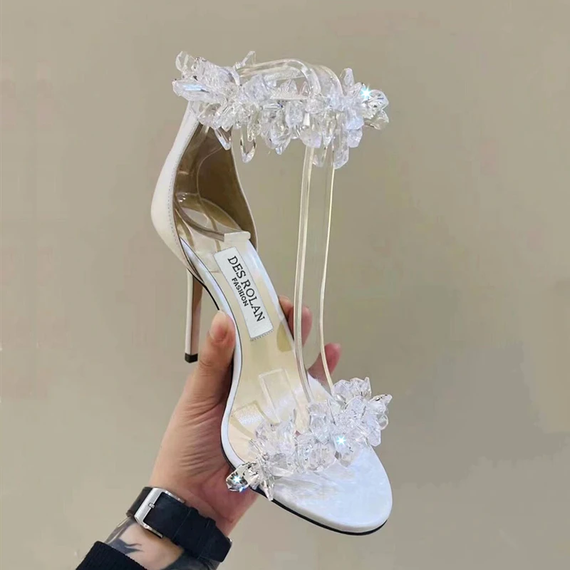 2023 vasaros naują ledo gėlių kristalų aukšti kulniukai moterų pasakų stiliaus, plonas kulnas balti vestuviniai batai, kalnų krištolas sandalai Nuotrauka 5