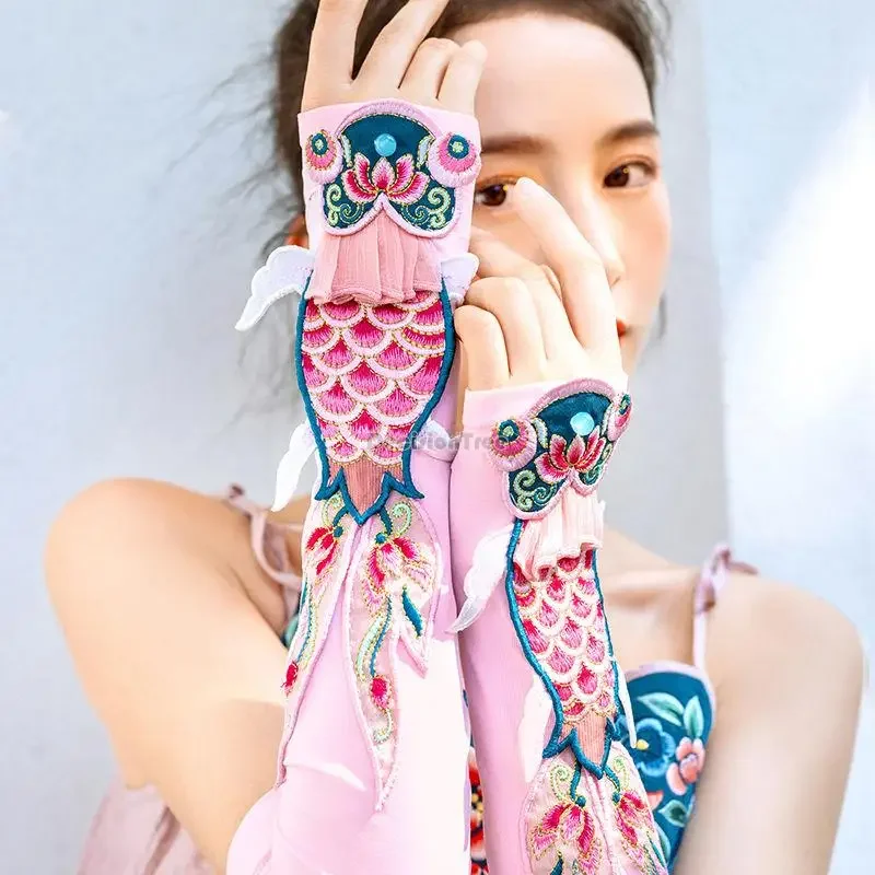 kinijos etninės stiliaus apsaugos nuo Saulės siuvinėjimo ilgos rankos guard vasarą naujas plonas, dekoratyvinis, plikas pirštų pirštinės, kaukė moterims Nuotrauka 0