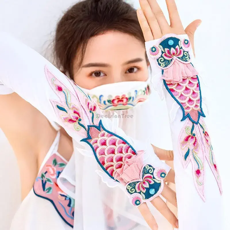 kinijos etninės stiliaus apsaugos nuo Saulės siuvinėjimo ilgos rankos guard vasarą naujas plonas, dekoratyvinis, plikas pirštų pirštinės, kaukė moterims Nuotrauka 1