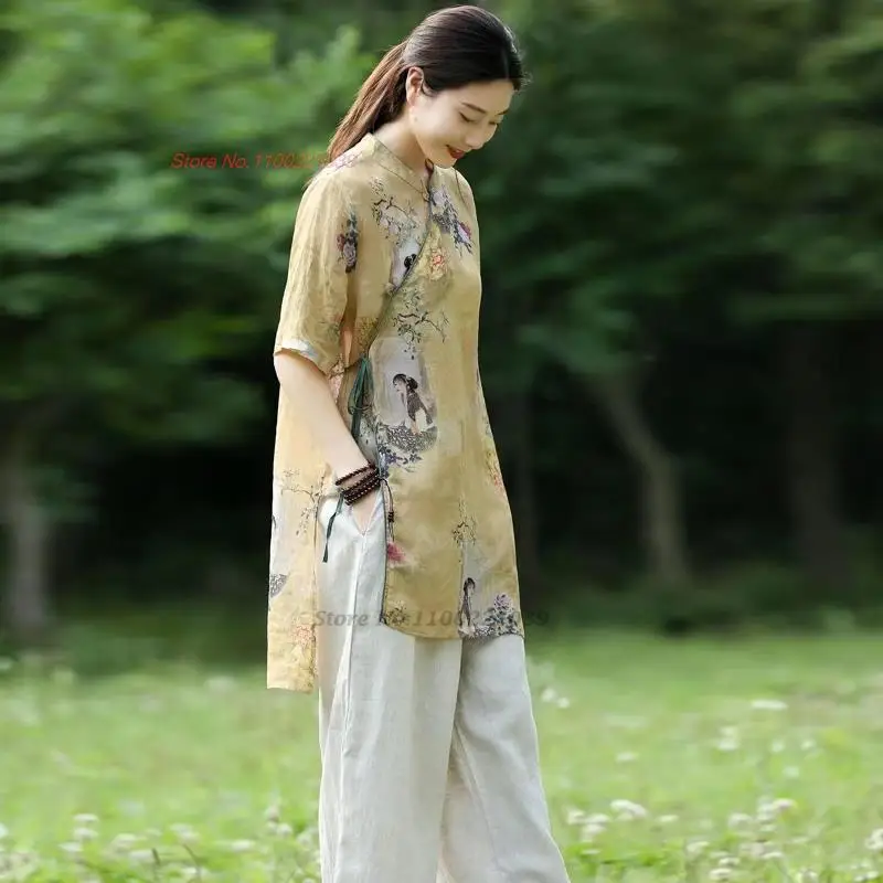 2024 m. kinijos tang kostiumas derliaus hanfu palaidinė moterų nacionalinės gėlių spausdinti medvilnės, lino palaidinė tradicinės kinų retro zen marškinėliai Nuotrauka 1