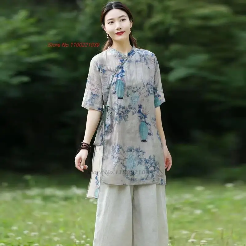 2024 m. kinijos tang kostiumas derliaus hanfu palaidinė moterų nacionalinės gėlių spausdinti medvilnės, lino palaidinė tradicinės kinų retro zen marškinėliai Nuotrauka 2