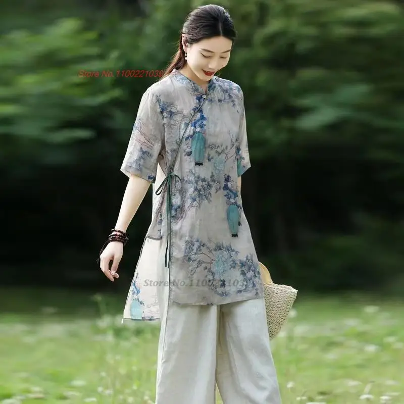 2024 m. kinijos tang kostiumas derliaus hanfu palaidinė moterų nacionalinės gėlių spausdinti medvilnės, lino palaidinė tradicinės kinų retro zen marškinėliai Nuotrauka 3