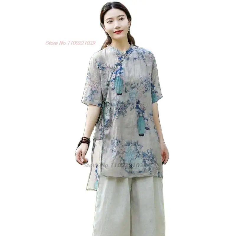 2024 m. kinijos tang kostiumas derliaus hanfu palaidinė moterų nacionalinės gėlių spausdinti medvilnės, lino palaidinė tradicinės kinų retro zen marškinėliai Nuotrauka 4