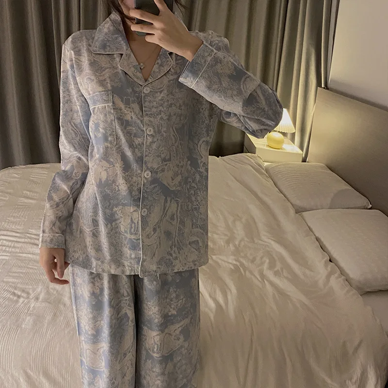 Moterų 2 Gabalas Pižama Nustatyti Gėlių Pijama Dirbtiniais Šilko Satino Pyjama Moterų Sleepwear ilgomis Rankovėmis Atvartas, Marškinėliai, Kelnės, Kostiumai Homewear Nuotrauka 4
