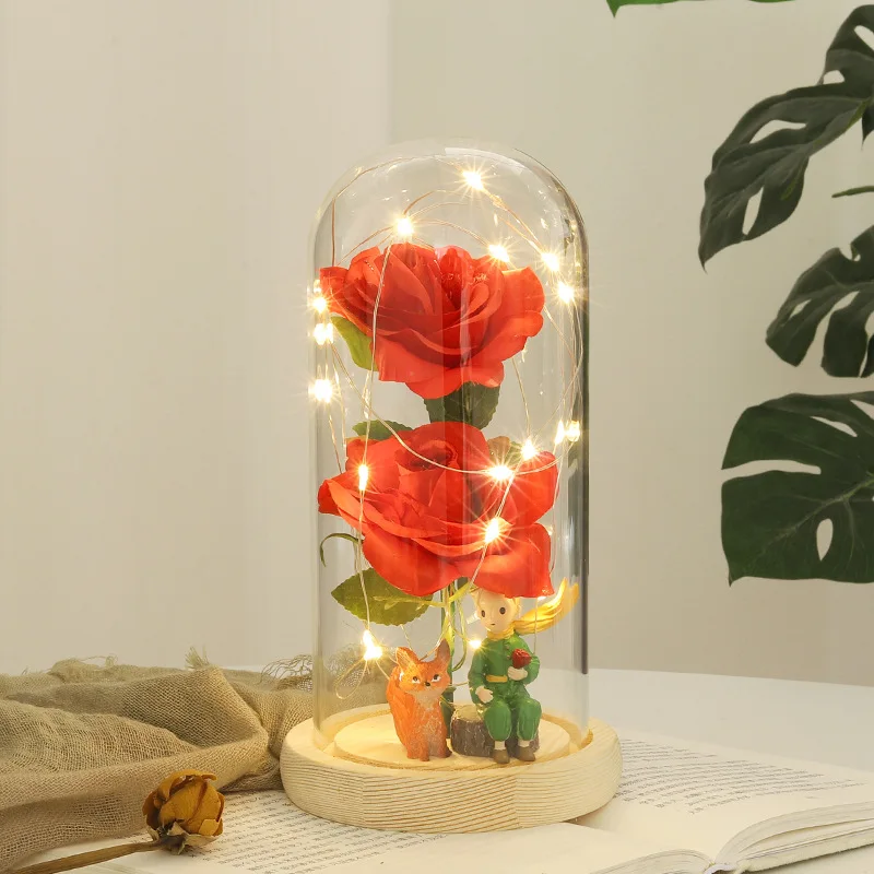 Dirbtinės Gėlės Stiklo Dangtis Su spalvotu LED Rose Light Fox Mažasis Princas Puošyba Vestuvių Dovana Kambarys Kalėdų Dekoro Naujas Nuotrauka 1