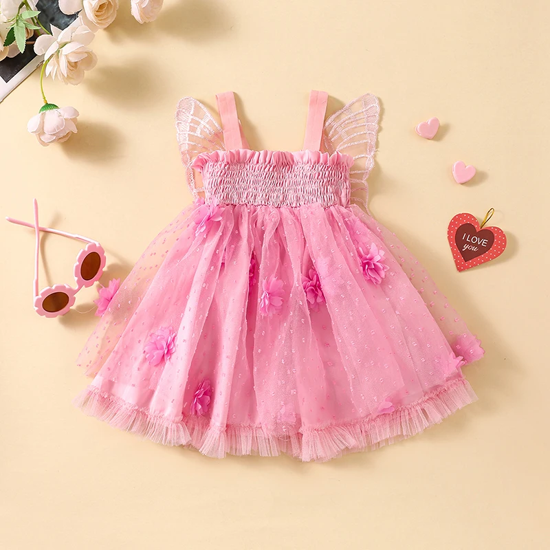 Bamblys Baby Girl Princesė Suknelė be Rankovių 3D Gėlių Šalis Suknelė Kūdikis Pasakų Kostiumą su Sparnais Nuotrauka 0