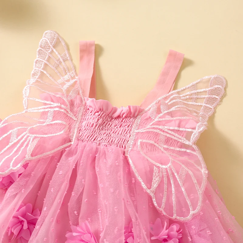 Bamblys Baby Girl Princesė Suknelė be Rankovių 3D Gėlių Šalis Suknelė Kūdikis Pasakų Kostiumą su Sparnais Nuotrauka 1