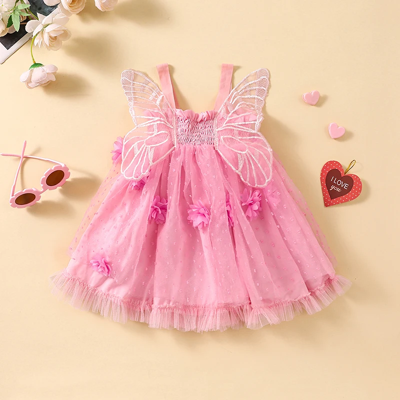 Bamblys Baby Girl Princesė Suknelė be Rankovių 3D Gėlių Šalis Suknelė Kūdikis Pasakų Kostiumą su Sparnais Nuotrauka 3