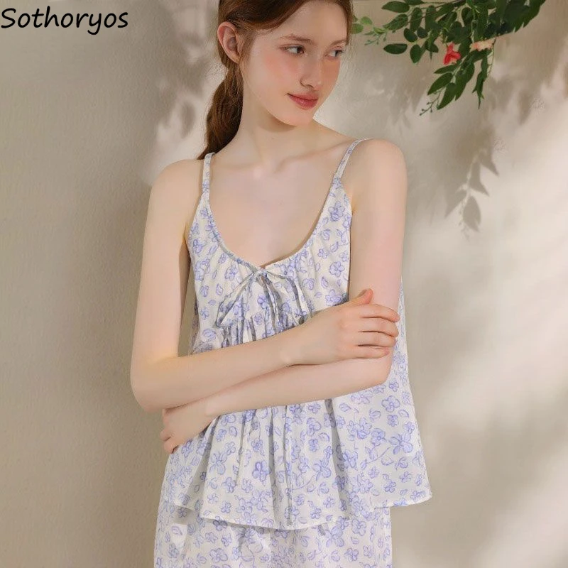 Gėlių Rankovių Pajama Komplektai Moterų Vasaros Elegantiškas Tvarstis Estetinės Laisvalaikio Namuose Seksualus Sleepwear Mados Komfortą Mujer Drabužiai Nuotrauka 0