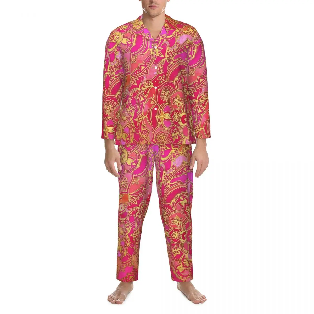 Pižama Vyriška Aukso Mandala Dienos Sleepwear Baroko Gėlių Spausdinti 2 Vnt Atsitiktinis Pižama Nustatyti Ilgomis Rankovėmis, Negabaritinių Namų Kostiumas Nuotrauka 1