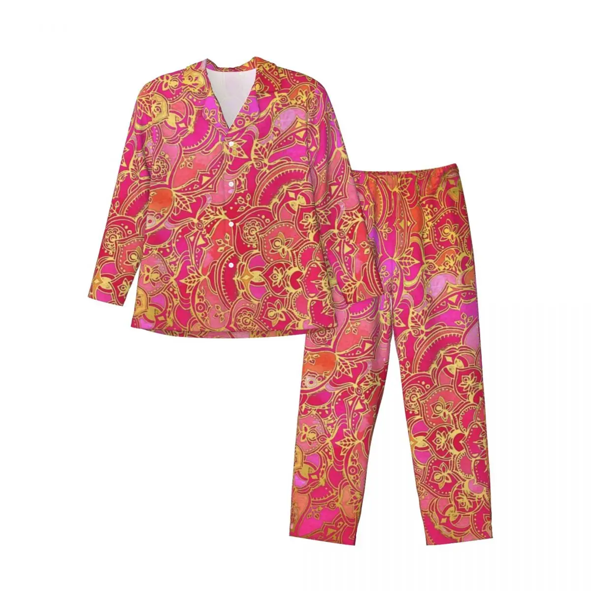 Pižama Vyriška Aukso Mandala Dienos Sleepwear Baroko Gėlių Spausdinti 2 Vnt Atsitiktinis Pižama Nustatyti Ilgomis Rankovėmis, Negabaritinių Namų Kostiumas Nuotrauka 3