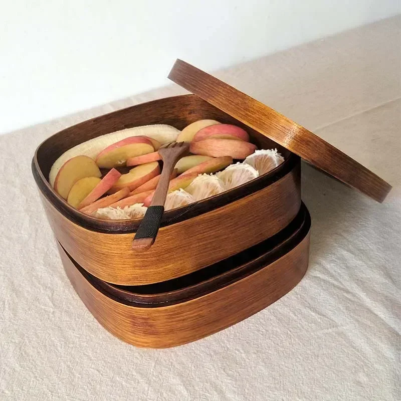 Japonų Medinės Priešpiečių Dėžutė Iškylą Bento Box Studentų Lunchbox Dvigubo Sluoksnio su Šaukštu, Stalo, Stalo įrankiai Rinkinys, Suši Maisto Konteinerį Nuotrauka 0