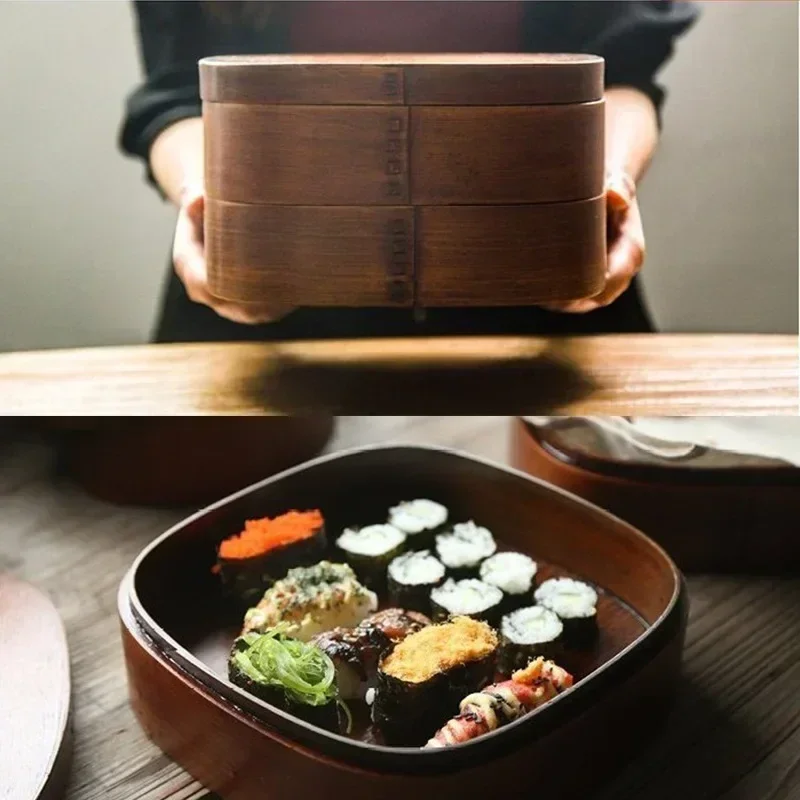 Japonų Medinės Priešpiečių Dėžutė Iškylą Bento Box Studentų Lunchbox Dvigubo Sluoksnio su Šaukštu, Stalo, Stalo įrankiai Rinkinys, Suši Maisto Konteinerį Nuotrauka 2