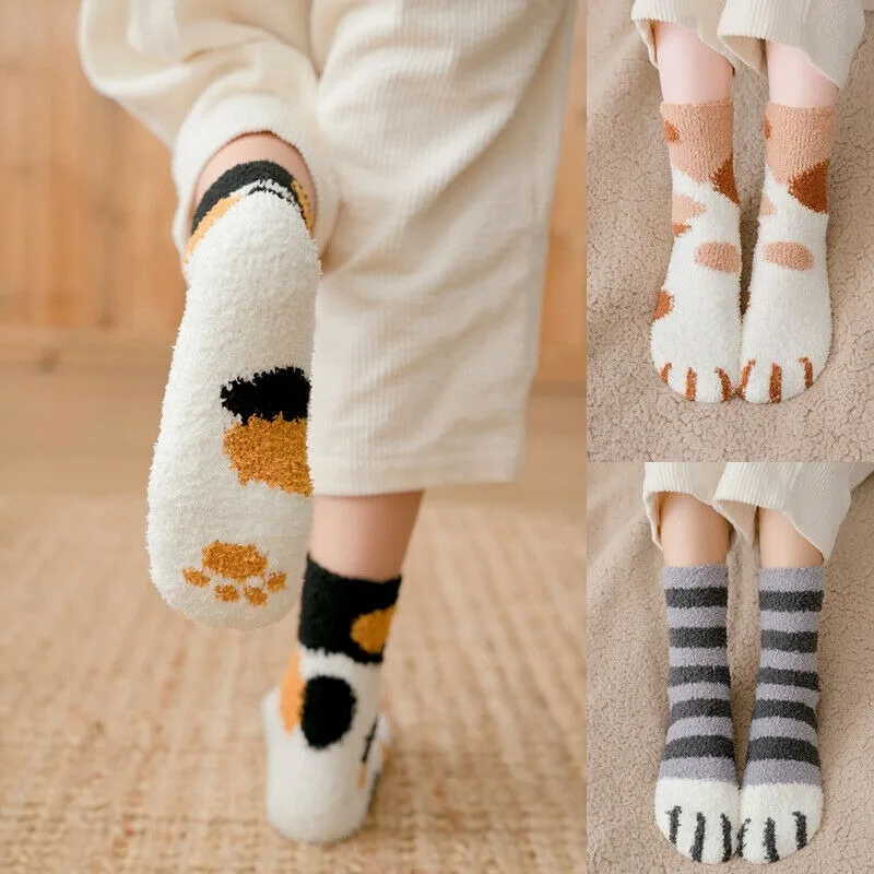 Medvilnės kojinės žiemą smagu spausdinti katės letena šiltos kojinės Kawaii mielas atsitiktinis laimingas mados dizaineris kojinės vyrams ir moterims miego kojinės Nuotrauka 0