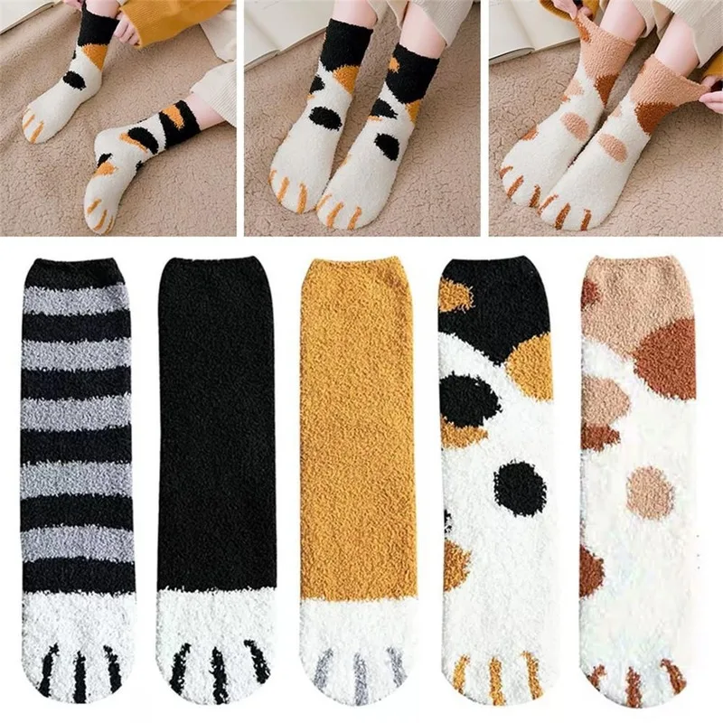 Medvilnės kojinės žiemą smagu spausdinti katės letena šiltos kojinės Kawaii mielas atsitiktinis laimingas mados dizaineris kojinės vyrams ir moterims miego kojinės Nuotrauka 1