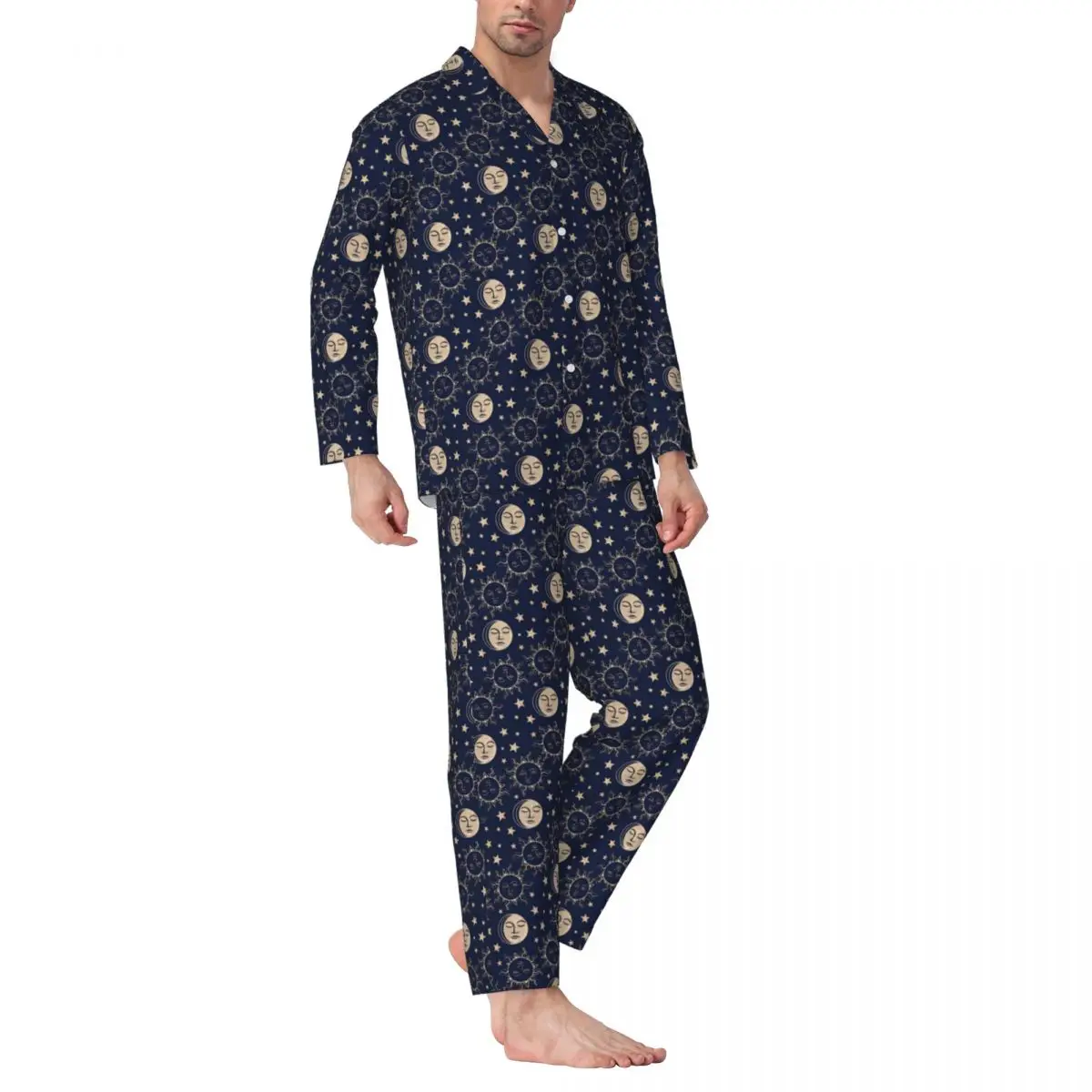 Sun Moon Sleepwear Pavasario Derliaus Spausdinimo Atsitiktinis Palaidų Negabaritinių Pajama Rinkinys Vyrams Ilgomis Rankovėmis Jaukus Kambarys Grafinis Naktiniai Drabužiai Nuotrauka 0