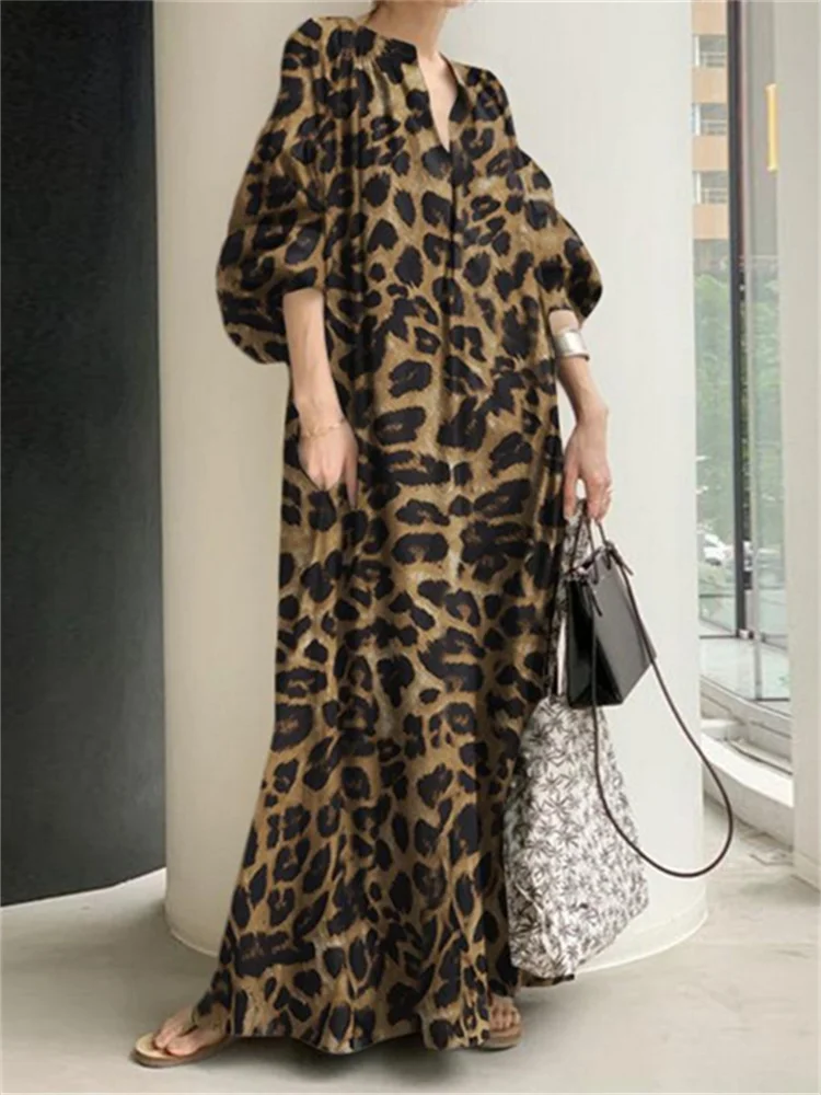 Mados Spausdinti Maxi Suknelė Moterims Leopard Sundress Vasaros Sluoksniuotos Rankovėmis Ilgai Vestidos Moterų V-Kaklo Negabaritinių Skraiste Nuotrauka 0