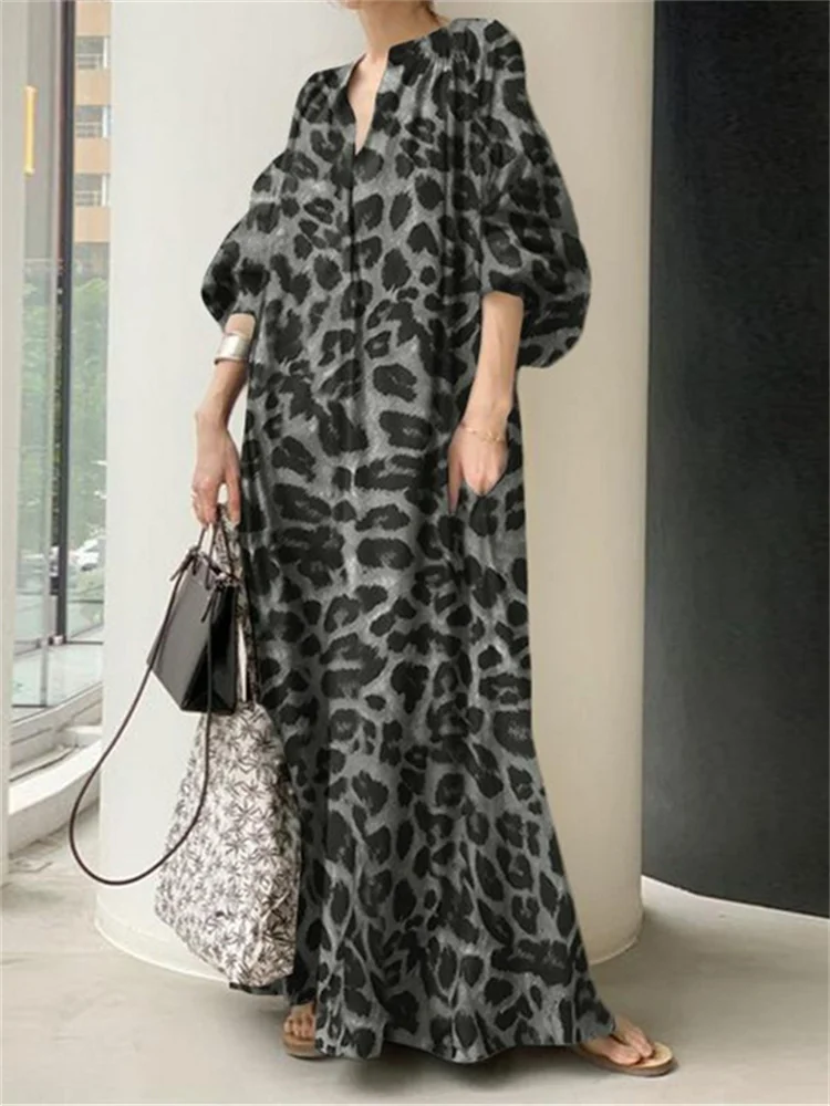 Mados Spausdinti Maxi Suknelė Moterims Leopard Sundress Vasaros Sluoksniuotos Rankovėmis Ilgai Vestidos Moterų V-Kaklo Negabaritinių Skraiste Nuotrauka 1
