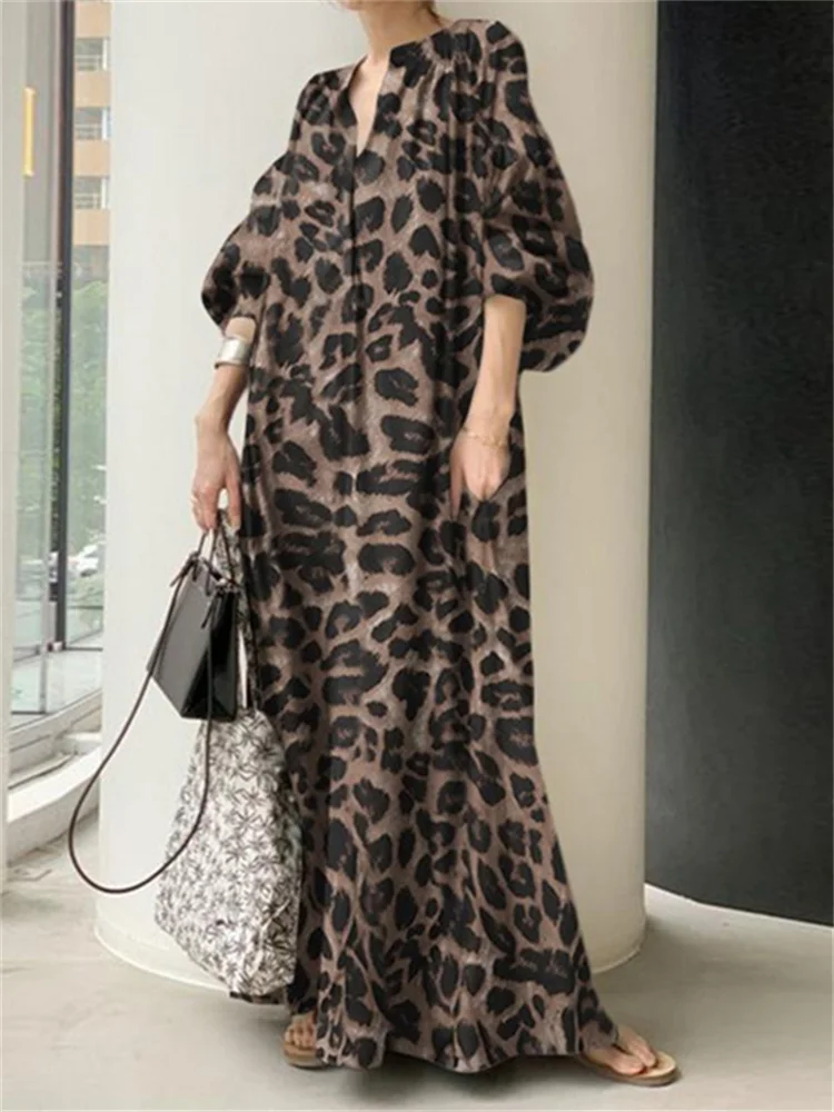 Mados Spausdinti Maxi Suknelė Moterims Leopard Sundress Vasaros Sluoksniuotos Rankovėmis Ilgai Vestidos Moterų V-Kaklo Negabaritinių Skraiste Nuotrauka 2