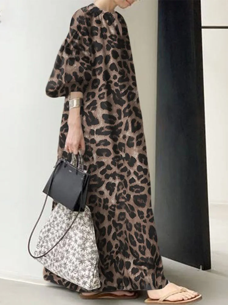 Mados Spausdinti Maxi Suknelė Moterims Leopard Sundress Vasaros Sluoksniuotos Rankovėmis Ilgai Vestidos Moterų V-Kaklo Negabaritinių Skraiste Nuotrauka 3