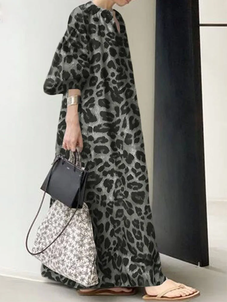 Mados Spausdinti Maxi Suknelė Moterims Leopard Sundress Vasaros Sluoksniuotos Rankovėmis Ilgai Vestidos Moterų V-Kaklo Negabaritinių Skraiste Nuotrauka 4