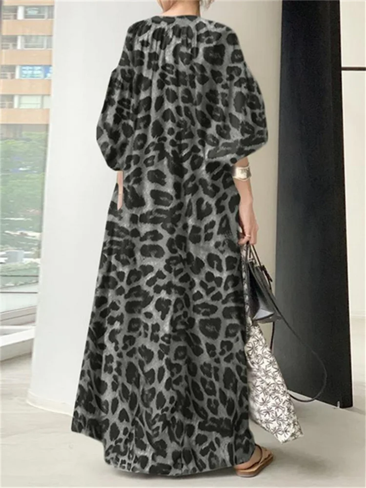 Mados Spausdinti Maxi Suknelė Moterims Leopard Sundress Vasaros Sluoksniuotos Rankovėmis Ilgai Vestidos Moterų V-Kaklo Negabaritinių Skraiste Nuotrauka 5