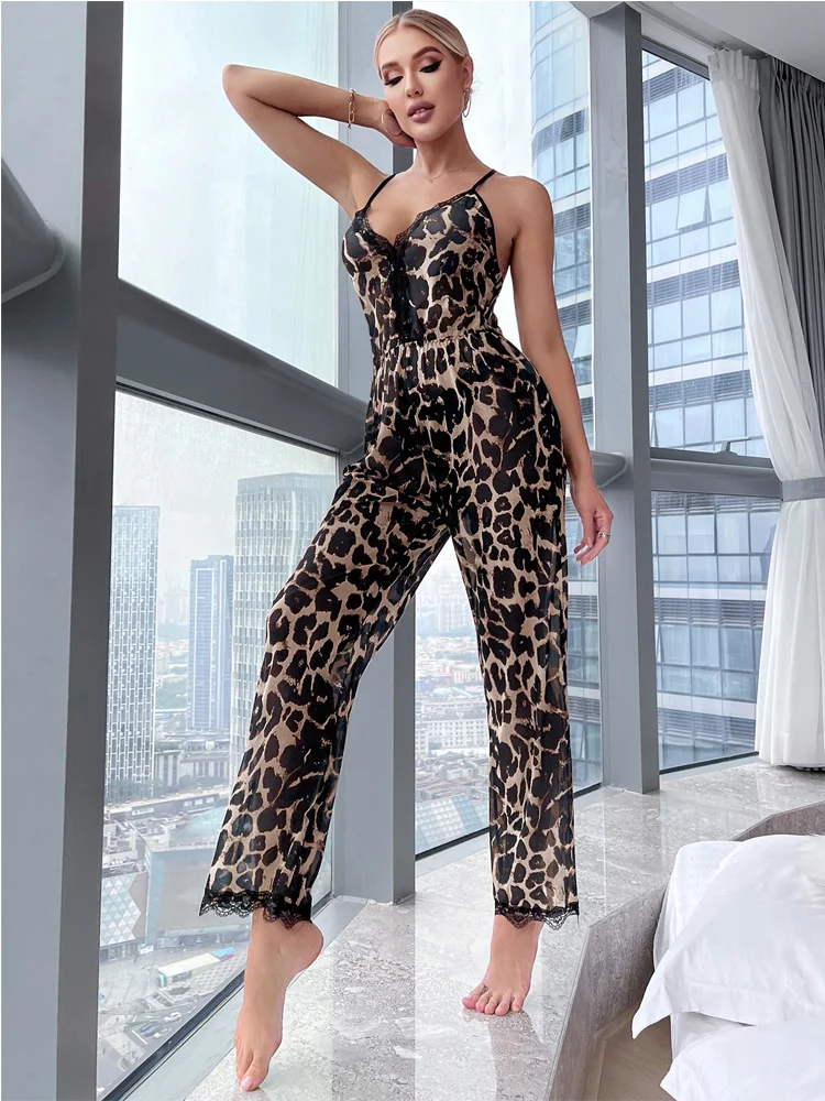 Seksualus Sleepwear Elegantiškas Bodysuits Leopardas Spausdinti Playsuit Persipintos Atgal Romper Akių Ištaigingas Dėvėti Nėrinių Apdaila Jumpsuit Nuotrauka 1