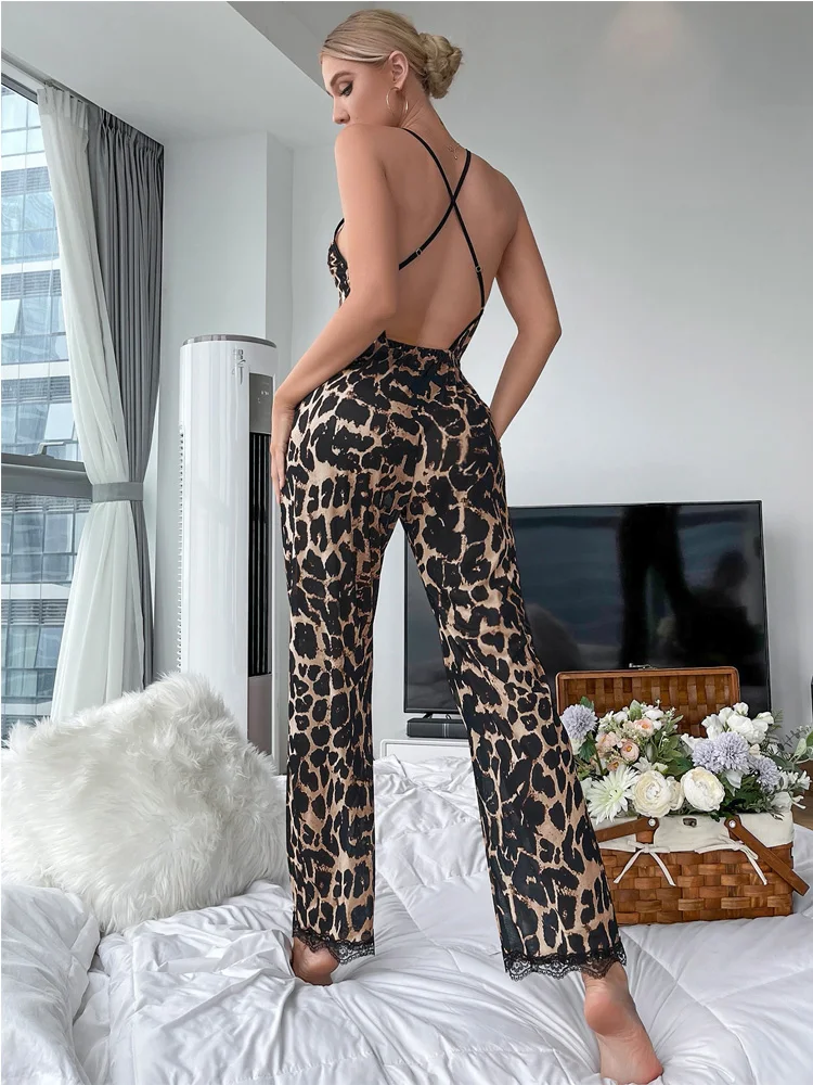 Seksualus Sleepwear Elegantiškas Bodysuits Leopardas Spausdinti Playsuit Persipintos Atgal Romper Akių Ištaigingas Dėvėti Nėrinių Apdaila Jumpsuit Nuotrauka 2
