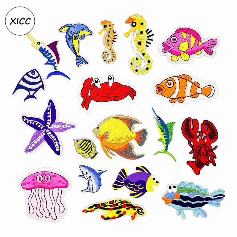TN Jūros Pasaulio Gyvūnų Geležies Siuvinėjimo Pleistrai Jūrų Organizmo Žuvų Medūzos, jūrų Žvaigždė Vėžlių, Krabų, Krevečių Lipdukas Drabužių Nuotrauka 1