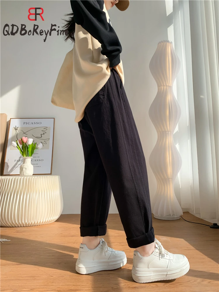 Rudenį Moterų Džinsus, Kelnes Korėjos Mados Aukštos Juosmens, Tiesios Kelnės Streetwear Atsitiktinis Juoda Kulkšnies Ilgis Baggy Kelnės Moteriška Nuotrauka 2