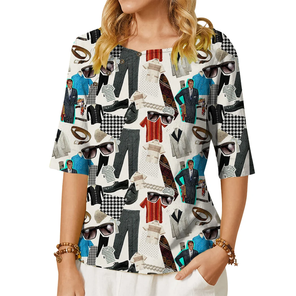 CLOOCL Naujas Moterys T-shirt Mados Unikalus Modelis Atspausdintas Tees Mygtuką Papuošti Prarasti Artimųjų Rankovėmis Palaidinė Moteriška Negabaritinių Viršūnės Nuotrauka 0