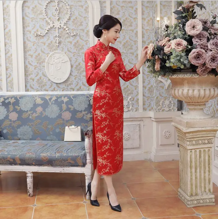 Moteris Suknelė Naują Atvykimo Tradicinę Kinų Stiliaus ilgomis Rankovėmis Cheongsam vakarinę Suknelę Qipao S M L XL XXL Nuotrauka 1