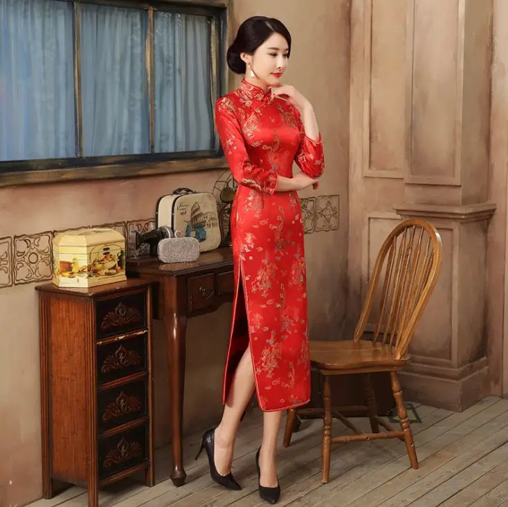 Moteris Suknelė Naują Atvykimo Tradicinę Kinų Stiliaus ilgomis Rankovėmis Cheongsam vakarinę Suknelę Qipao S M L XL XXL Nuotrauka 3