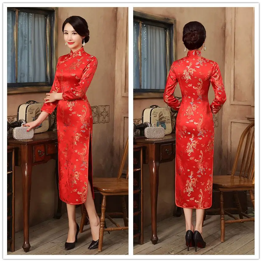 Moteris Suknelė Naują Atvykimo Tradicinę Kinų Stiliaus ilgomis Rankovėmis Cheongsam vakarinę Suknelę Qipao S M L XL XXL Nuotrauka 4