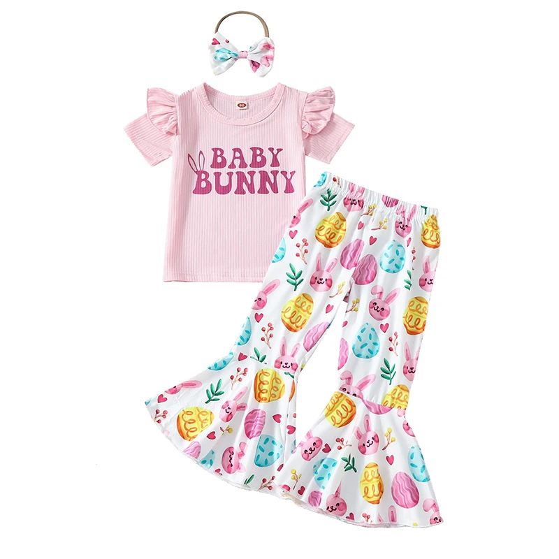Bamblys Baby Girl Velykų Apranga Bunny Triušiai trumpomis Rankovėmis T-shirt Viršuje Bell Bottom Kelnės Nustatyti Vasaros Drabužių Nuotrauka 1