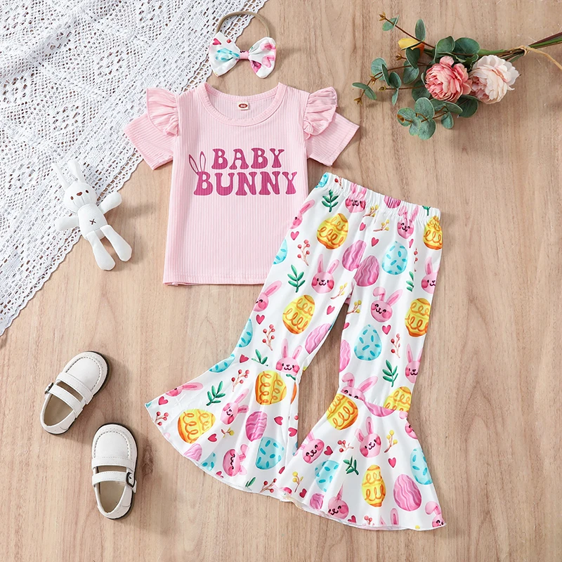 Bamblys Baby Girl Velykų Apranga Bunny Triušiai trumpomis Rankovėmis T-shirt Viršuje Bell Bottom Kelnės Nustatyti Vasaros Drabužių Nuotrauka 3