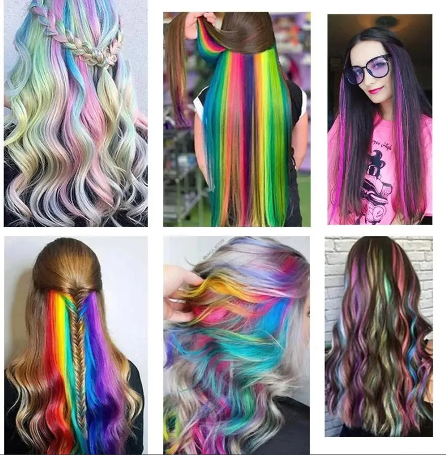 Spalvos Šalis Renginiai Įrašą Plaukų priauginimas Mergaitėms 22 colių Multi-spalvos, Tiesūs Plaukai 20 Pakuočių Sintetinių Hairpieces Nuotrauka 5
