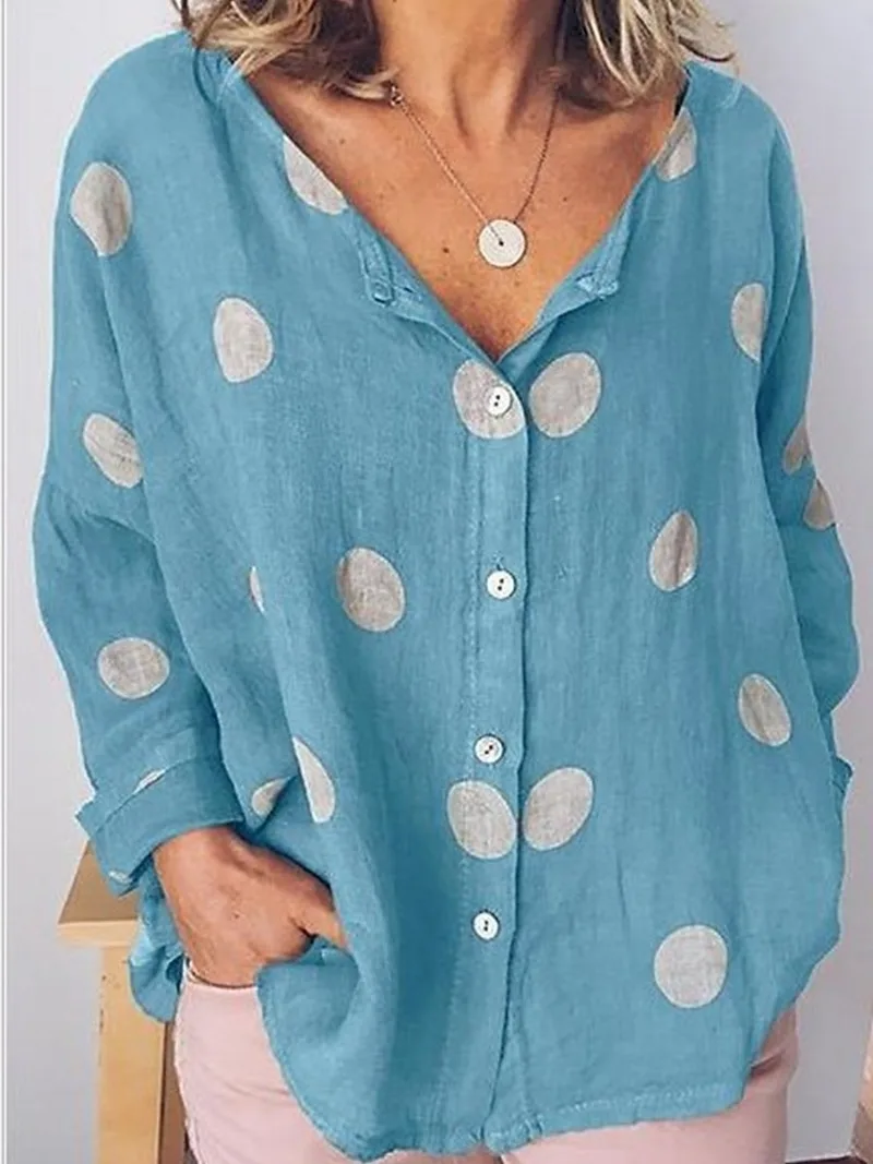 Moterų top kvėpuojantis V-kaklo, ilgas rankovėmis marškinėliai mygtuką atsitiktinis, patogus minkštas dot spausdinti viršų Nuotrauka 3