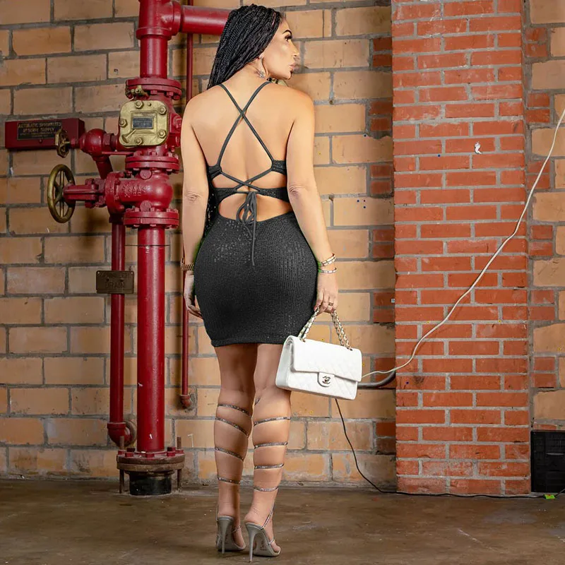 Seksualus Kryžiaus Atvira Nugara China Suknelė Moterims Vakarėlis Elegantiškas Blizgančių Bodycon Mini Suknelė Spageti Dirželis Klubas Net Gimtadienio Suknelė Nuotrauka 3
