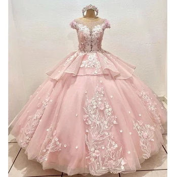 ANGELSBRIDEP Prabangius Pink Quinceanera Suknelės Samtelis Kaklo Saldus 15 Šalių Gėlių Nėrinių Kristalų Duobute Mygtuką, Vestidos De Anos 15
