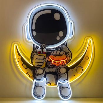 Astronautas Valgyti Hamburger Led Neon Akrilo Rankų darbo Kūrinys Užsakymą Neono Ženklais už Kambarį Miegamojo Sienų Dekoras Neoninės Šviesos