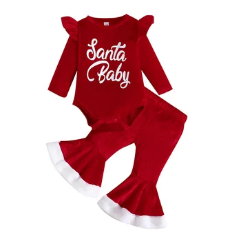Baby 3-24M Kalėdų Naujagimiui Baby Girl Drabužiai Nustatyti Santa Romper Flare Kelnės Aksomo Kalėdos Komplektus Drabužių 30