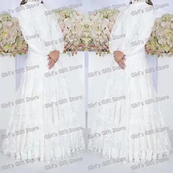 Balta Kratinys Nėrinių Gėlių mergaičių Suknelės, Vestuvių Jaunimo Bridesmaid Suknelę Inscenizacija Balionas ilgomis Rankovėmis Pirmos Komunijos Suknelė