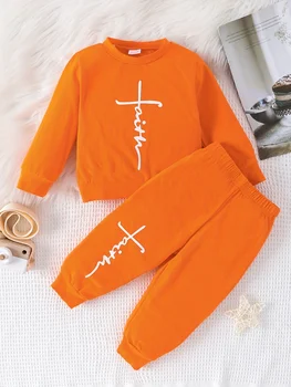 Bamblys tai, šviesių akių, oranžinė laišką hoodie nustatyti ilgomis rankovėmis medvilnės kasdieniai drabužiai rudens kūdikių berniukų