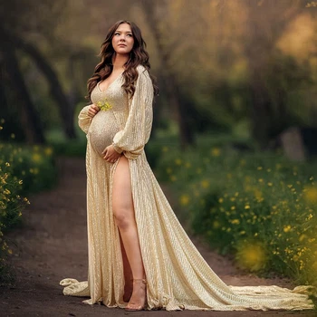 Blizgučiai Blizgančiais Nėrinių Motinystės Suknelės Visiškai Rankovėmis V-Kaklo Nėštumo Suknelė Už Nuotrauką Šaudyti Elegantiškas Moteris Prom Šalies Chalatai
